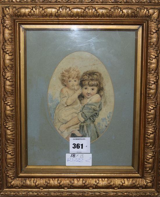 Early 20th century, watercolour of two girls, 18 x 13cm